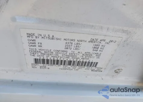 2012 Mitsubishi Galant Es/Se z USA, uszkodzony, nr VIN 4A32B3FF4CE022121